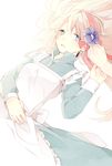  apron bad_id bad_pixiv_id bangs blonde_hair blue_dress blue_eyes blue_flower breasts dress flower grey_eyes hair_ribbon hairband hand_on_own_stomach holding holding_flower kagerou_project kozakura_marry long_hair looking_at_viewer lying on_back out_of_frame parted_lips prin_dog red_ribbon ribbon simple_background small_breasts solo_focus tears white_apron white_background 