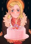  1girl blonde_hair cake candle candlelight coat commission dark_background earrings english_commentary food food-themed_earrings fur-trimmed_coat fur_trim happy_birthday hat highres holding holding_plate jewelry lemon_earrings looking_at_viewer makeup mascara miss_valentine mygiorni one_piece plate sidelocks smile solo strawberry_shortcake sweater turtleneck turtleneck_sweater upper_body vertical-striped_sweater 