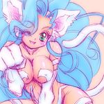  :3 animal_ears big_hair blue_hair breast_squeeze breasts cat_ears cat_tail felicia green_eyes hair_over_one_eye kisaragi_miyuki large_breasts long_hair one_eye_closed paw_pose paws sketch solo tail vampire_(game) 