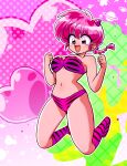  1girl :d abstract_background alien animal_print arms_up bare_shoulders bikini blush braid braided_ponytail breasts cleavage clenched_hands cone_horns cosplay excited fang full_body heart highres horns jumping lum lum_(cosplay) medium_breasts multicolored_background narrow_waist navel open_mouth pink_bikini pink_eyes pink_footwear pink_hair planet ranma-chan ranma_1/2 saotome_ranma signature smile striped_bikini striped_clothes striped_footwear swimsuit thick_thighs thighs tiger_print tiger_stripes wanta_(futoshi) 