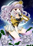  bad_id bad_pixiv_id beyond_the_nobles boots breasts earrings flower gloves hairband idolmaster idolmaster_(classic) jewelry long_hair makokb medium_breasts red_eyes shijou_takane silver_hair solo yellow_hairband 
