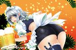  alcohol apron ass beer blue_eyes blush bow braid breasts hair_bow izayoi_sakuya knife looking_at_viewer maid_headdress midriff rakujin silver_hair small_breasts solo touhou twin_braids waist_apron 