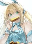  1girl ahoge animal_ears artoria_caster_(fate) artoria_caster_(swimsuit)_(fate) artoria_caster_(swimsuit)_(second_ascension)_(fate) artoria_pendragon_(fate) bare_shoulders blonde_hair blue_dress blush breasts dress eating fake_animal_ears fate/grand_order fate_(series) food fruit green_eyes hairband highres kino_kokko long_hair looking_at_viewer pineapple pineapple_slice puffy_short_sleeves puffy_sleeves rabbit_ears short_sleeves small_breasts solo twintails 
