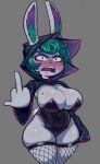 angry big_breasts blush breasts bunny_costume cleavage clothed clothing costume female fishnet_clothing fishnet_legwear gesture green_hair hair hand_gesture hi_res huge_breasts humanoid league_of_legends legwear leotard middle_finger nebssik open_mouth riot_games simple_background solo squish tencent thigh_squish vex_(lol) yordle