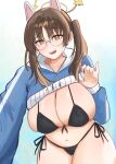  1girl absurdres animal_ears bikini black_bikini blue_archive blue_sweater breasts brown_eyes brown_hair cleavage collarbone commentary_request curvy glasses gradient_background halo highres large_breasts looking_at_viewer mechanical_halo medium_hair michill_1121 moe_(blue_archive) moe_(swimsuit)_(blue_archive) navel official_alternate_costume open_mouth round_eyewear side-tie_bikini_bottom simple_background skindentation smile solo sweater swimsuit thighs twintails 