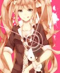  blue_eyes bow bunny collarbone danganronpa danganronpa_1 enoshima_junko gyaru hair_bow kogal long_hair monokuma necktie pink_hair rian_(usamin228) sleeves_rolled_up tongue twintails very_long_hair 