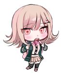  1girl :o blush brown_hair brown_skirt chibi danganronpa_(series) danganronpa_2:_goodbye_despair flipped_hair highres jacket long_hair long_sleeves miniskirt nanami_chiaki neck_ribbon open_clothes open_jacket pink_eyes pink_ribbon pleated_skirt ribbon shoes simple_background skirt solo teeth thighhighs triangle_hair_ornament upper_teeth_only white_background yeonju 