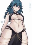  1girl absurdres bare_arms bare_shoulders blue_eyes blue_hair breasts byleth_(female)_(fire_emblem) byleth_(fire_emblem) chascoby commentary cowboy_shot criss-cross_halter fire_emblem fire_emblem:_three_houses halterneck highres long_hair medium_breasts navel pelvic_curtain simple_background solo standing stomach white_background yomorio_lingerie 