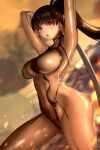  1girl 1nilla&#039; absurdres alternate_breast_size arms_behind_head black_hair blunt_bangs blurry blurry_background bodysuit breasts brown_bodysuit brown_eyes embers english_commentary eve_(stellar_blade) highres holding holding_sword holding_weapon impossible_bodysuit impossible_clothes large_breasts long_hair looking_at_viewer open_mouth ponytail skin_suit_(stellar_blade) skin_tight solo stellar_blade sword two-tone_bodysuit very_long_hair weapon 