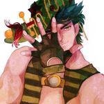  bad_id bad_pixiv_id blue_hair fingerless_gloves gloves green_eyes hat jojo_no_kimyou_na_bouken jonathan_joestar lowres male_focus pose sn2562 solo 