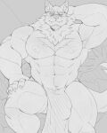 4:5 abs anthro areola biceps bottomwear bulge canid canine canis castrodour clothing fangs hi_res loincloth looking_at_viewer male mammal monochrome muscular muscular_anthro muscular_male nipples pecs silver_fang solo teeth wolf