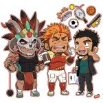  3boys :d alternate_universe american_football_uniform animal_skull another_eidos-r arm_tattoo armband ball bara baseball_(object) baseball_bat basketball bead_bracelet beads blush bracelet brown_hair chibi closed_eyes eyebrow_cut facial_hair facial_mark fake_horns feathers forehead_mark gakuran gamela_(another_eidos) goatee hammer_(track_and_field) heart heart-shaped_eyes highres holding holding_ball holding_paper horned_headwear horns jewelry light_brown_hair long_sideburns looking_at_another looking_up male_focus mask maxtla_(another_eidos) multicolored_hair multiple_boys muscular muscular_male no_nose outline paper pelvic_curtain pendant racket raised_fists red_hair red_outline red_socks scar scar_on_face scar_on_nose school_uniform shirt short_hair shorts sideburns signature simple_background skull_mask sleeveless sleeveless_shirt smile soccer_ball socks sportswear standing tattoo taut_clothes taut_shirt tennis_ball tennis_racket tribal_tattoo undercut white_background white_socks wristband yanai_inaya yuno_(another_eidos) 