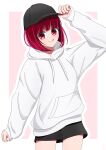  1girl :q absurdres arima_kana black_hair black_shorts blush bob_cut closed_mouth hat highres hood hoodie inverted_bob long_sleeves looking_at_viewer medium_hair nm_(blue-rapid) oshi_no_ko red_eyes red_hair shorts smile solo tongue tongue_out white_hoodie 