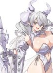  1girl breasts cleavage demon_girl demon_horns demon_wings dress duel_monster ebi_bento gloves grey_eyes highres holding horns large_breasts leotard looking_at_viewer lovely_labrynth_of_the_silver_castle low_wings multiple_wings pointy_ears smile solo transparent_wings twintails white_background white_hair white_horns wings yu-gi-oh! 