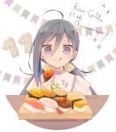  1girl :q ahoge anniversary blue_hair colis copyright_name food grey_hair hair_between_eyes hair_ribbon holding holding_food kantai_collection kiyoshimo_(kancolle) long_hair low_twintails multicolored_hair purple_eyes ribbon smile solo sushi table tongue tongue_out twintails twitter_username upper_body yellow_ribbon 