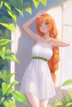  1girl arm_up armpits belt braid braided_ponytail breasts closed_mouth commentary dress green_belt green_eyes highres looking_at_viewer medium_breasts orange_hair original plant shchrit sleeveless sleeveless_dress smile solo standing white_dress 