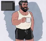  1boy alternate_costume bara beard black_hair callmegaith cigar cowboy_shot cup david_eilander facial_hair forked_eyebrows full_beard grey_hair hairy highres holding holding_cup looking_at_viewer male_focus mature_male mug muscular muscular_male pectoral_cleavage pectorals rusty_lake_(series) short_hair short_shorts shorts solo standing tank_top thick_arm_hair thick_beard thick_chest_hair thick_eyebrows thick_leg_hair thick_mustache tsurime white_tank_top wrinkled_skin 