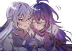  2girls bare_shoulders blush breasts bronya_rand cleavage closed_eyes closed_mouth commentary_request covered_collarbone earrings elan_ouo grey_hair heads_together highres honkai:_star_rail honkai_(series) jewelry long_hair multiple_girls parted_lips purple_eyes purple_hair purple_scarf scarf seele_(honkai:_star_rail) simple_background smile white_background 