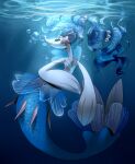  air_bubble aphelione blue_eyes blue_hair bubble fins fish_tail gem hair_ornament long_hair no_humans pearl_(gemstone) pearl_hair_ornament pokemon pokemon_(creature) primarina smile solo spikes starfish starfish_hair_ornament tail underwater very_long_hair water 