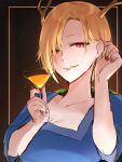  1girl antlers blonde_hair blue_shirt cocktail_glass cup dragon_girl dragon_horns drinking_glass highres holding holding_cup horns kicchou_yachie looking_at_viewer nano_popo02 red_eyes shirt short_hair smile square_neckline touhou turtle_shell yellow_horns 