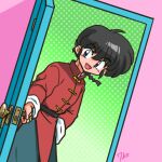  1boy :d belt black_belt black_hair blue_eyes blue_pants braid braided_ponytail chinese_clothes door gradient_background green_background hand_on_own_hip leaning_forward looking_at_viewer opening_door outstretched_arm pants polka_dot polka_dot_background ranma_1/2 red_shirt saotome_ranma shirt signature smile tangzhuang wanta_(futoshi) 