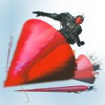  1boy armor blurry commentary faiz_accel gradient_background grey_background helmet highres kamen_rider kamen_rider_555 kamen_rider_faiz midair red_eyes rider_kick science_fiction short_barrel solo tokusatsu 