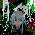  1other abstract_background androgynous black_coat black_shirt chinese_commentary closed_mouth coat collared_coat commentary_request grey_hair highres houlen_yabusame len&#039;en looking_at_viewer multicolored_background mxx33 other_focus shirt short_hair_with_long_locks smile solo straight-on upper_body white_eyes 