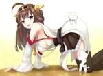  ahoge all_fours bare_shoulders breasts brown_eyes brown_hair brown_legwear cat detached_sleeves frilled_skirt frills hairband headgear japanese_clothes kantai_collection kirifrog kongou_(kantai_collection) long_hair looking_at_viewer medium_breasts open_mouth sideboob skirt smile solo thighhighs 