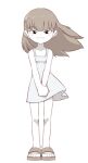  1girl :3 bare_arms bare_legs bare_shoulders bleedman blunt_bangs blush_stickers borrowed_character brown_hair child_gf_(orenji) closed_mouth commentary dress floating_hair full_body highres long_hair looking_at_viewer original raised_eyebrow sandals simple_background sleeveless sleeveless_dress solo standing straight-on sundress toes white_background white_dress wind 