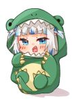  1girl blue_eyes blue_hair blunt_bangs blush chibi chibi_only choppy_bangs commentary dinosaur_costume gawr_gura grey_hair hololive hololive_english kurushiro1102 looking_at_viewer official_alternate_costume onesie open_mouth sharp_teeth solo teeth upper_teeth_only virtual_youtuber 