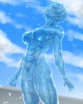  1girl abs absurdres arms_at_sides breasts commission crack crystal fingernails highres large_breasts leotard looking_up muscular muscular_female original petrification see-through sharp_fingernails shin_(ultramarine430) short_hair signature skeb_commission solo thighhighs very_short_hair 