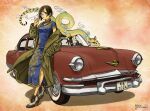  1953_kaiser_dragon 1girl black_eyes black_hair blue_dress boots breasts car china_dress chinese_clothes cigarette coat commentary dragon dragon_day dragon_print dress eastern_dragon full_body glasses high_heel_boots high_heels kaiser_motors leaning_against_vehicle maruyama_kaoru motor_vehicle off_shoulder open_clothes open_coat original round_eyewear short_hair small_breasts smoking solo vintage_car 