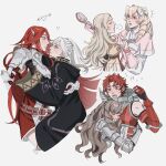  !? 6+girls alternate_hairstyle armor armored_dress black_gloves black_robe blonde_hair blush bow breastplate commentary cordelia_(fire_emblem) cropped_torso dress drill_hair english_commentary eye_contact fire_emblem fire_emblem_awakening gauntlets gloves grey_hair hair_bow hair_brush highres hood hood_down hooded_robe hug lissa_(fire_emblem) long_hair looking_at_another maribelle_(fire_emblem) multiple_girls oratoza profile red_eyes red_hair robe robin_(female)_(fire_emblem) robin_(fire_emblem) short_hair simple_background sully_(fire_emblem) sumia_(fire_emblem) sweatdrop twin_drills twintails white_background white_bow white_hair wing_hair_ornament yuri 