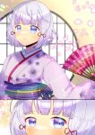  1girl closed_mouth commentary_request commission floral_print folding_fan hand_fan japanese_clothes kimono kou_hiyoyo long_sleeves looking_at_viewer obi original petals print_kimono purple_eyes purple_hair purple_kimono round_window sash short_hair skeb_commission smile window 