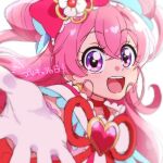  1girl cure_precious delicious_party_precure dress flower gloves hair_flower hair_ornament heart heart-shaped_pupils highres holding_hands nagomi_yui pink_dress pink_hair pink_skirt precure purple_eyes red_ribbon ribbon skirt symbol-shaped_pupils twintails yufu_kyouko 