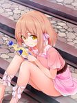  bare_legs blush bottle cross-laced_footwear hair_ribbon highres kaisen_chuui lace-up_heels looking_at_viewer orange_hair original ribbon short_hair sitting sitting_on_stairs smile solo stairs yellow_eyes 