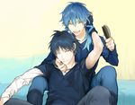  arm_up between_legs black_hair blue_hair dramatical_murder ginka_sima hair_brush hand_on_another's_face hand_on_another's_head jewelry long_hair looking_at_another male_focus multiple_boys necklace ren_(dramatical_murder) seragaki_aoba single_sleeve sitting smile wince yellow_eyes 