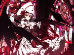  album_cover bat_wings capelet cover curiosities_of_lotus_asia dress flower hand_on_own_chest hat hat_flower hat_ribbon highres long_sleeves red_eyes red_flower red_rose remilia_scarlet ribbon rose sash silver_hair solo spear_the_gungnir stained_glass touhou ugume white_dress wings 