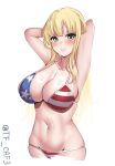  1girl american_flag american_flag_bikini american_flag_print bikini blonde_hair breasts cowboy_shot double_bun flag_print fletcher_(kancolle) hair_bun highres kantai_collection large_breasts long_hair looking_at_viewer one-hour_drawing_challenge purple_eyes solo standing swimsuit tf_cafe twitter_username united_states white_background 