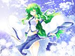  closed_eyes_kochiya_sanae_flower green_hair japanese_clothes miko petals possible_duplicate shrine_maiden skirts_long_hair touhou white wind 