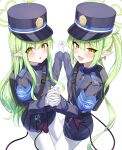 2girls absurdres arch_a4 armband bag black_hat black_jacket black_shorts black_skirt blue_archive blue_armband blush buttons demon_tail double-breasted fang gloves green_hair green_halo halo hands_up hat highres hikari_(blue_archive) holding_hands jacket long_hair long_sleeves looking_at_viewer miniskirt multiple_girls nozomi_(blue_archive) open_mouth pantyhose peaked_cap pleated_skirt pointy_ears short_shorts shorts shoulder_bag sidelocks simple_background skin_fang skirt smile tail twintails white_background white_gloves white_pantyhose yellow_eyes 