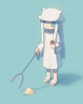  1girl blue_eyes blunt_bangs blunt_ends blush closed_mouth dropped_food flying_sweatdrops food frown full_body futami_ya hat heterochromia highres holding holding_staff horned_hat ice_cream ice_cream_cone long_hair long_sleeves no_socks robe sandals shimeji_simulation sidelocks solo staff standing the_gardener_(shimeji_simulation) white_eyes white_footwear white_hair white_hat white_robe 