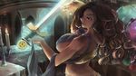 bare_back bare_shoulders breasts brown_hair candle chain dark_skin dragon's_crown highres huge_breasts ichiba_youichi long_hair morgan_rizilia red_eyes solo sword weapon 