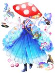  1girl :d beamed_eighth_notes black_footwear blue_pill blue_skirt cat cross-laced_footwear cup dairoku_ryouhei drink_me eighth_note facing_viewer gloves holding_pill instrument jellyfish mushroom mushroom_hat musical_note pale_skin petit_grande phonograph record red_pill skirt smile standing teacup teapot transparent_background violin white_gloves yuxakuko 