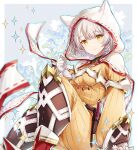  1girl animal_ears breasts cat_ears cosplay costume_switch gloves grey_hair highres hood hood_up long_sleeves looking_at_viewer mio_(xenoblade) nia_(xenoblade) nia_(xenoblade)_(cosplay) puffy_sleeves short_hair smile solo ui_frara xenoblade_chronicles_(series) xenoblade_chronicles_2 xenoblade_chronicles_3 yellow_eyes 