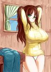  1girl arms_up blush breasts brown_hair curvy female green_eyes huge_breasts iro_zu long_hair panties smile sweater thighs underwear window 