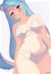  1girl absurdres animal_ears blitzy_(youtuber) blue_eyes blue_hair blush bone_hair_ornament bow bow_bra bow_panties bra breasts closed_mouth commentary cowboy_shot facial_mark frilled_bra frills frown groin hair_ornament highres indie_virtual_youtuber long_hair looking_at_viewer medium_breasts navel panties pokyo solo standing symbol-shaped_pupils tail underwear underwear_only virtual_youtuber white_bra white_panties 