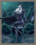  1girl armor bow breasts dark_elf defense_of_the_ancients dota_2 drow_ranger elf forest green_eyes large_breasts long_hair moon nature night pointy_ears solo standing traxex weapon white_hair 