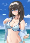  aozaku_(hatake_no_niku) beach bikini black_hair blue_eyes blush breasts cleavage cloud collarbone day hairband highres idolmaster idolmaster_cinderella_girls large_breasts long_hair long_sleeves navel outdoors sagisawa_fumika sky solo swimsuit 