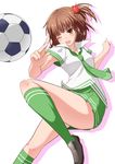  ball green_legwear hair_bobbles hair_ornament highres itaya_atsuno kneehighs kurahashi_riko love_lab necktie pleated_skirt school_uniform skirt soccer_ball socks solo telstar 